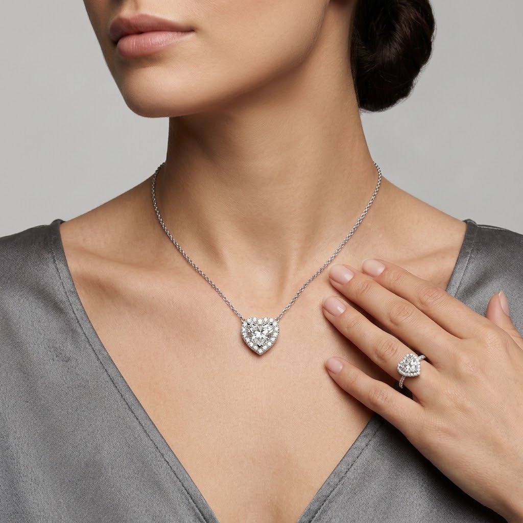 Amelisse Heart White Gold Lab Moissanite Jewelry Set