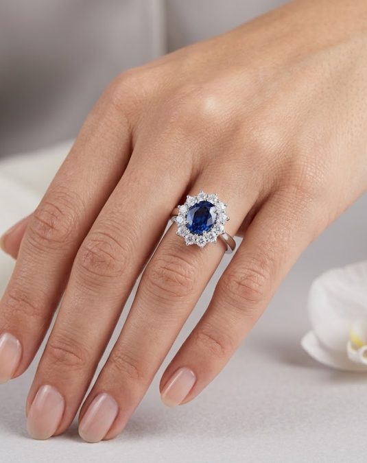 Saphira Oval Halo White Gold Lab Sapphire Ring