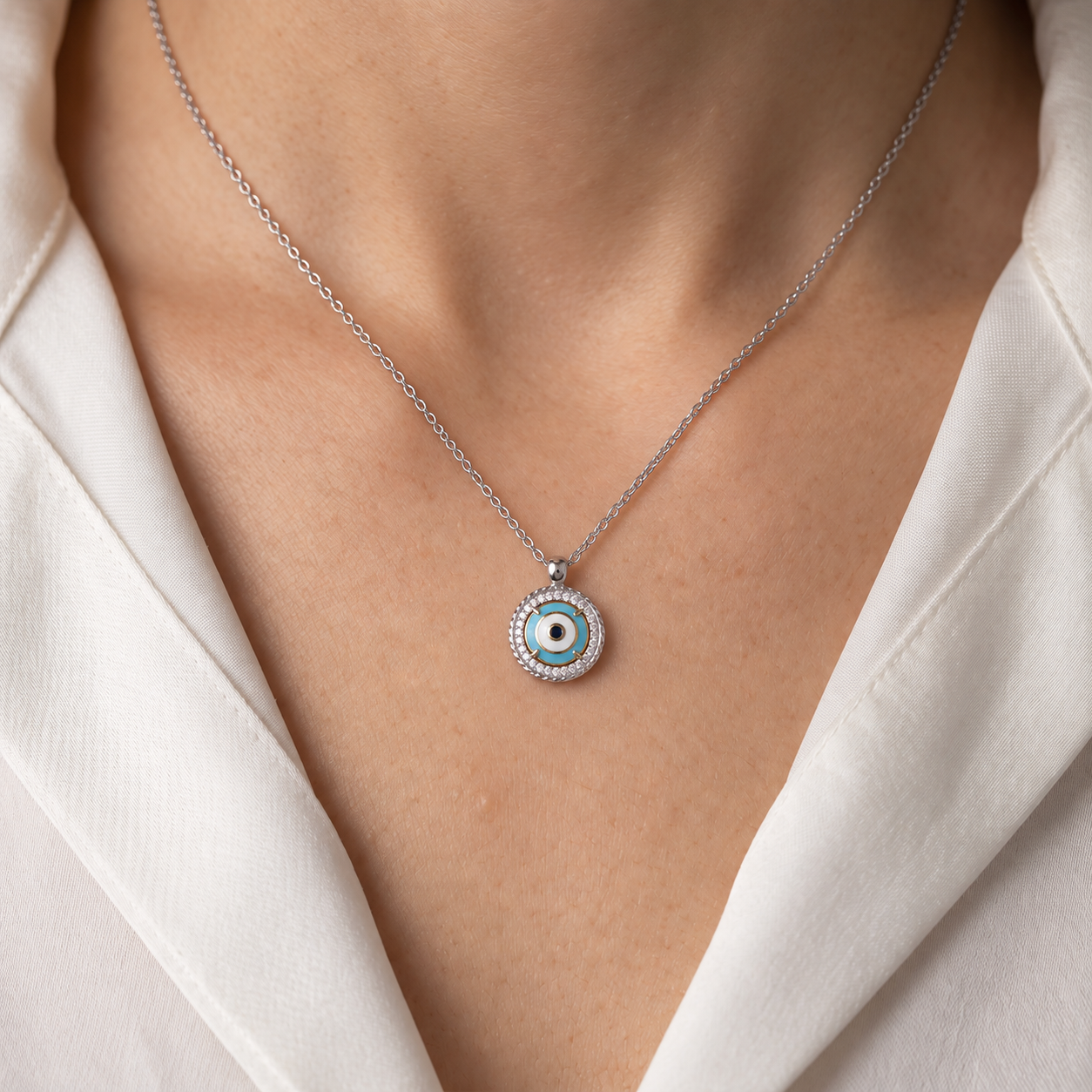 Solenne Azure Eye White Gold Lab Moissanite Necklace - Image 1