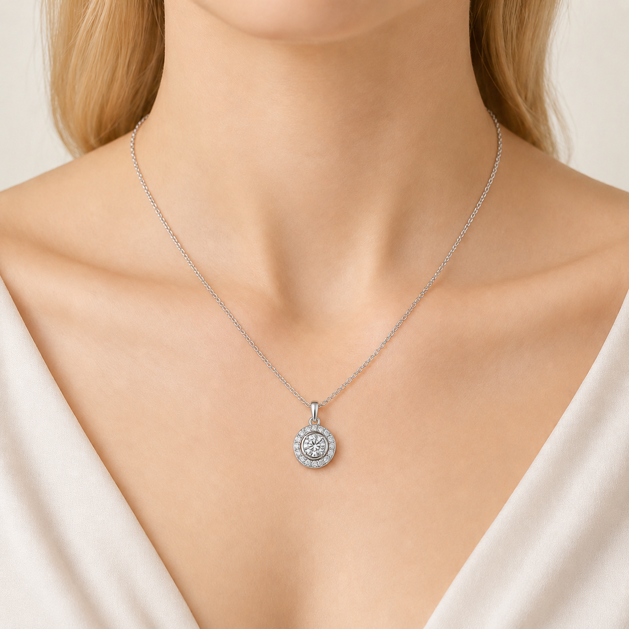 Elara Halo 18K White Gold Lab-Grown Diamond Necklace - Image 1