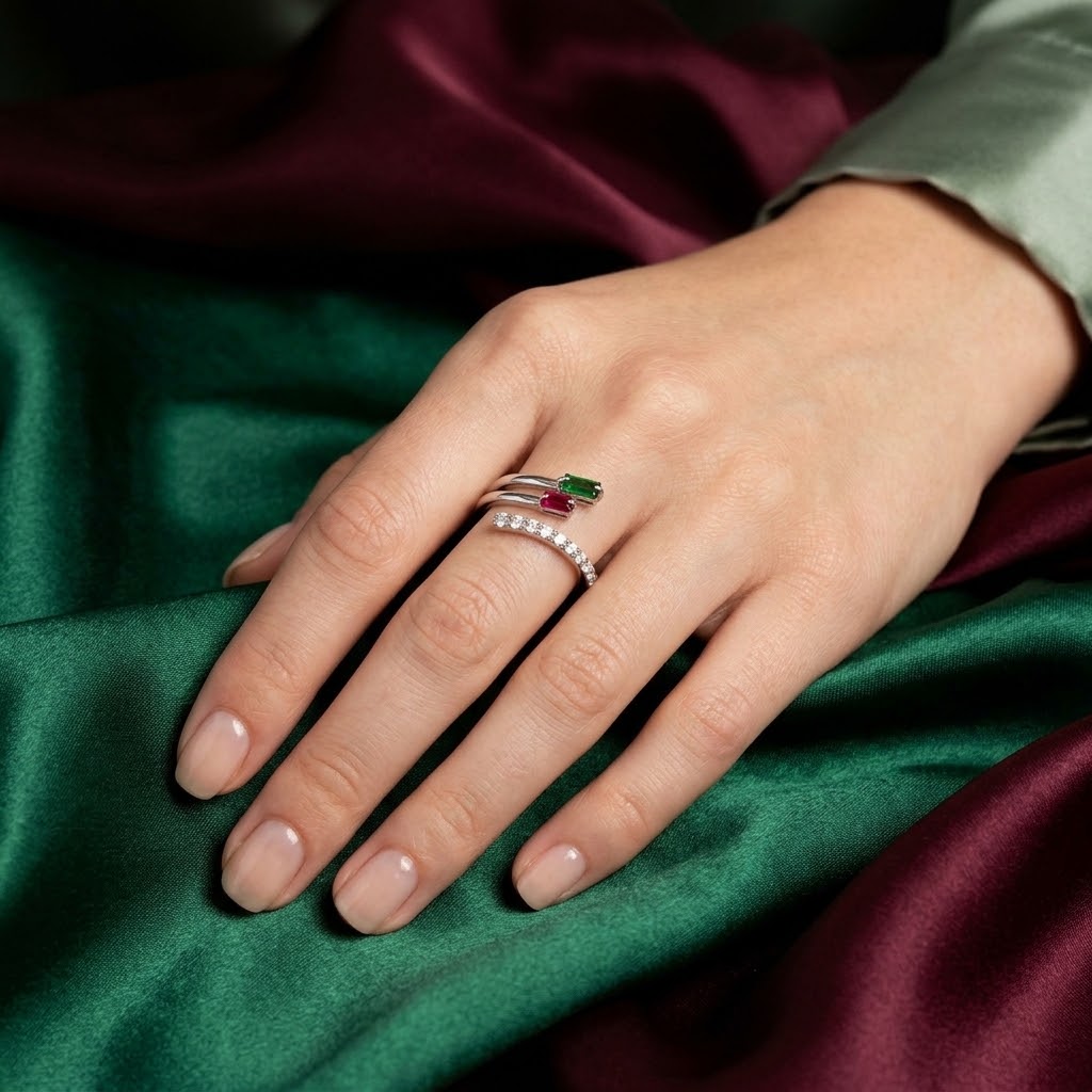Ruby & Emerald Open Bypass Lab-Grown Diamond Ring - Image 1
