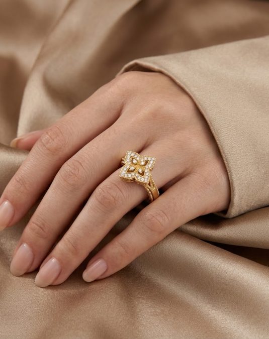 Four-Petal Floral Yellow Gold Lab-Grown Diamond Ring